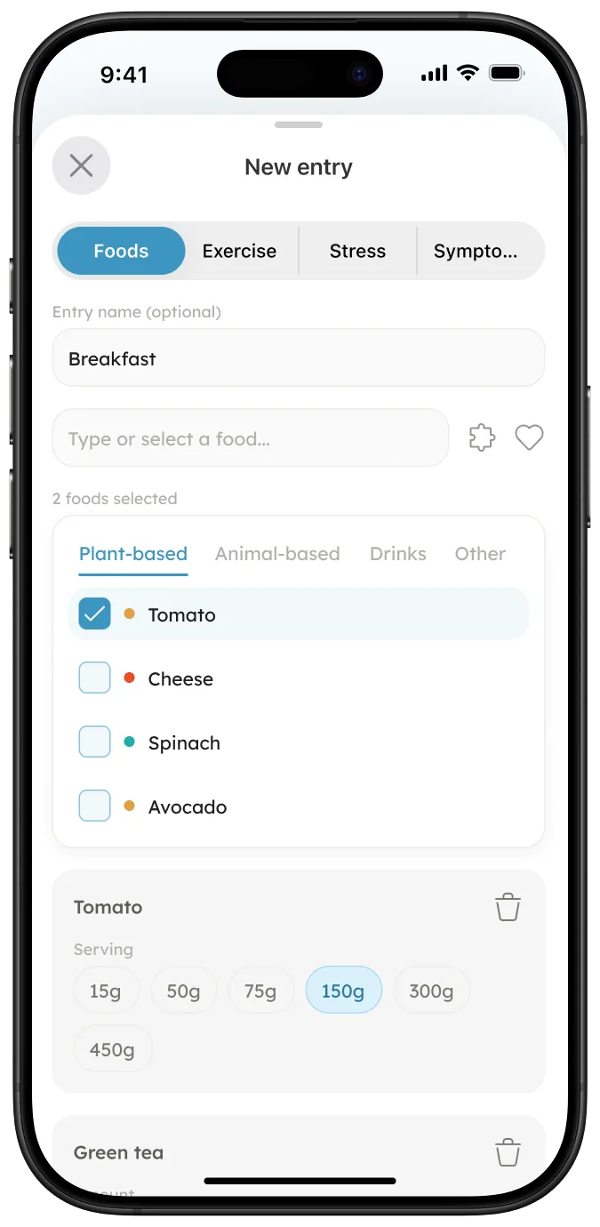 Histeva app, adding a new record: choosing the entry type and selecting foods with their portion size.